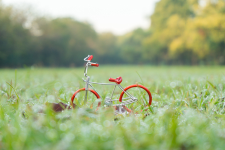 Toy red bicycle in the beautiful park background.の写真素材