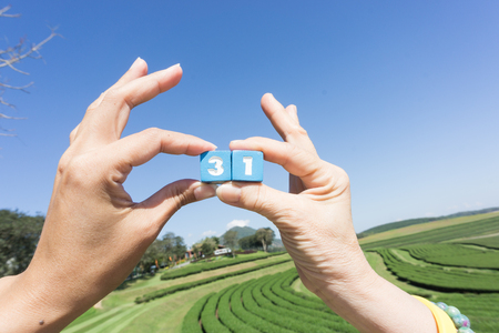 Women's hand Holding Thirty-one number on blue sky background.の写真素材
