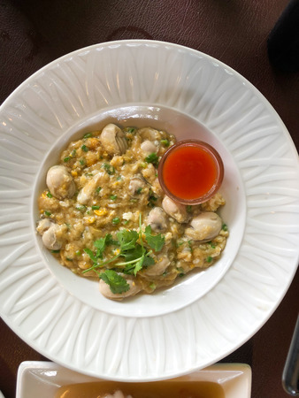 Oyster Omelette in plate with Sweet Sauce, oyster omelette pancakes, Street food, food in Thaiand.の写真素材