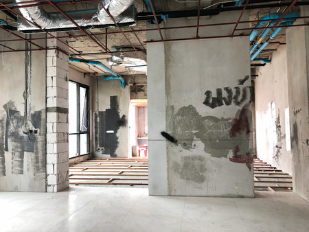 Buildings under renovation, construction site.