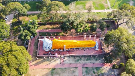 Aerial view of WatKhunInthapramun, The largest and longest reclining Buddha statue in Thailand.の写真素材