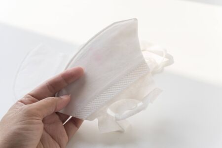 Hand with a used mask. prevent the spread of germs and bacteria and avoid infections corona virus.
