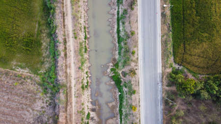 Aerial view of paddy rice field and problems drought in Thailand.の写真素材