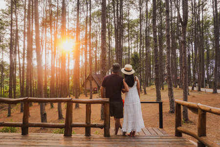 Asian tourist couple in a pine forest, watching the beautiful sunset with a wooden house in a pine forest of northern Thailand.の写真素材