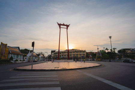 Bangkok, Thailand-May 2, 2021 : Beautiful red giant swing is at the center of Bangkok, and Wat Suthat that a famous place in Bangkok, Thailand.のeditorial素材