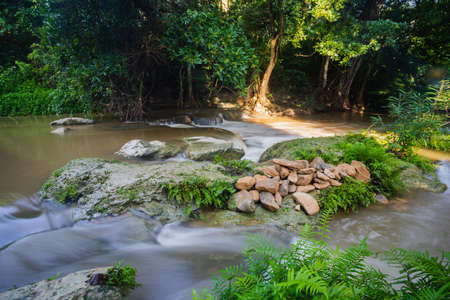 Camping in a natural green forest with lake and waterfalls in the morning, tourists' tents under trees, happy holidays.の写真素材