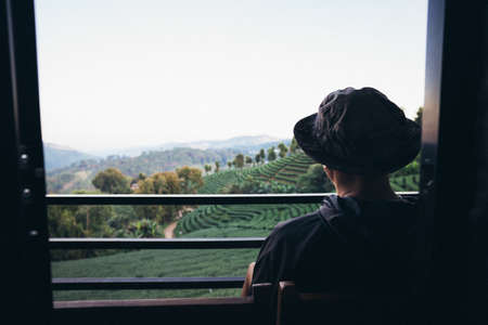 Male traveler's hand holding a cup of hot tea, green tea plantation background.の写真素材