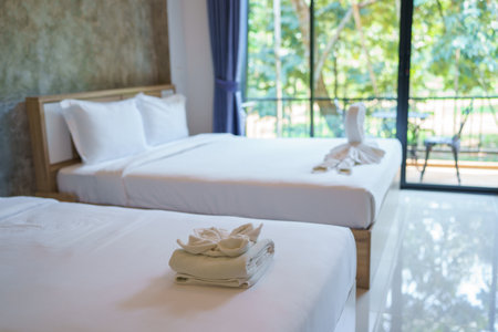 bedroom with tropical style garden view, King bed with white linens and pillows.の写真素材
