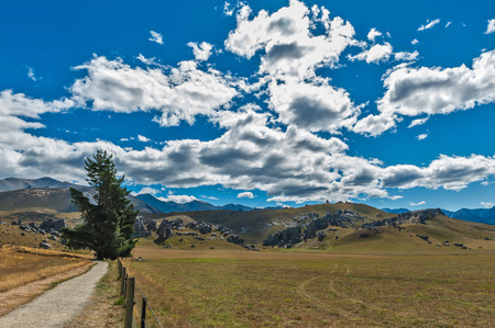 Weird landscape of Castle Hill in Southern Alps, Arthur's Pass, South Island of New Zealandの写真素材