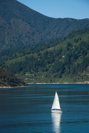 Marlborough Sounds seen from ferry from Wellington to Picton, New Zealandの写真素材
