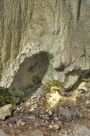 Sulfur from Whakarewarewa Geyser at Te Pui thermal park in geothermal valley of Rotorua, New Zealandの写真素材