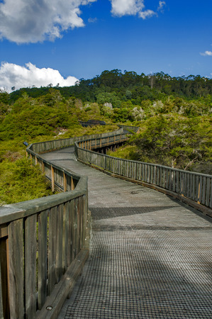 Walkway to Whakarewarewa Geyser at Te Pui thermal park in geothermal valley of Rotorua, New Zealandの写真素材