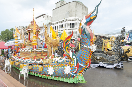 Suratthani, Thailand - October 20, 2016: Ornamented carriers of Buddha images to be pulled across the city during the famous Chak Phra Festival, an annual Buddhist festival to celebrate the return of Buddha from heaven to earth after the end of the three-のeditorial素材