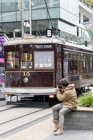 Christchurch, New Zealand - February 14, 2016: Vintage style tram on the Christchurch Tramway offers a unique city tour by the classic way of transportation in New Zealandのeditorial素材