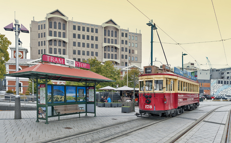 Christchurch, New Zealand - February 14, 2016: Vintage style tram on the Christchurch Tramway offers a unique city tour by the classic way of transportation in New Zealandのeditorial素材