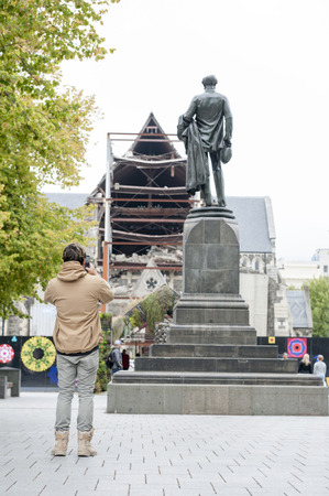 Christchurch, New Zealand - February 2016: The Godley Statue situated in front of the Christchurch Cathedral at the Cathedral Square as a commemoration to John Robert Godley - the Founder of Canterburyのeditorial素材