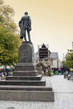 Christchurch, New Zealand - February 2016: The Godley Statue situated in front of the Christchurch Cathedral at the Cathedral Square as a commemoration to John Robert Godley - the Founder of Canterburyのeditorial素材