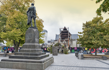 Christchurch, New Zealand - February 2016: The Godley Statue situated in front of the Christchurch Cathedral at the Cathedral Square as a commemoration to John Robert Godley - the Founder of Canterburyのeditorial素材