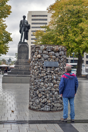 Christchurch, New Zealand - February 2016: The stone cairn brought by 4,000 people in 2010 and placed at the Cathedral Square to protest against the sacking of Environment Canterbury councillors and the appointment of commissioners in their place.のeditorial素材