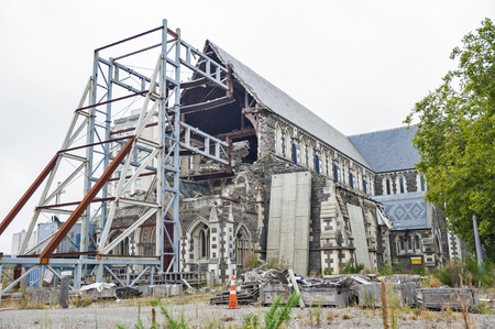Christchurch, New Zealand - February 2016: Badly damaged Christchurch Cathedral by the 2011 earthquake at the Cathedral Square in Christchurch Centralのeditorial素材