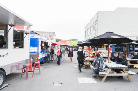 Christchurch, New Zealand - February 2016: Restart or Re:START Mall, an outdoor retail space consisting of shops and stores in shipping containersのeditorial素材