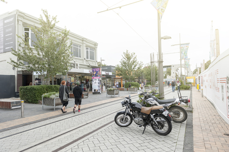 Christchurch, New Zealand - February 2016: Motorbikes park beside tramway on Cashell Street near Restart Mallのeditorial素材