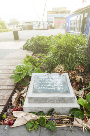 Christchurch, New Zealand - February 2016: A memorial stone situated at Restart Mall for remembering the people who died in City Mall during the earthquake in February 2011のeditorial素材