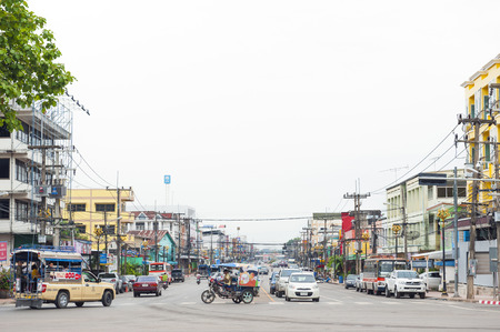 Nakhon Phanom, Thailand - May 2017: The begin of the highway road no.22 or Nittayo Road from the Mekong riverside in downtown Nakhon Phanom to Udon Thani Province, northeastern Thailandのeditorial素材