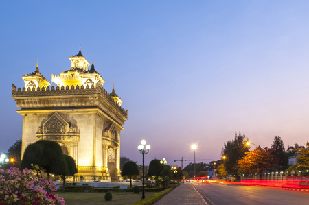 Patuxay or Patuxai Victory Monument, architectural landmark of Vientiane, capital city of Laosのeditorial素材