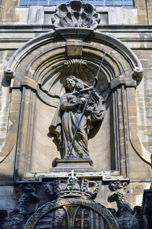 Brussels, Belgium - April 2015:  Close-up details on facade of the Church of Our Lady of Assistance (Notre-Dame de Bon Secours), a catholic parish church built in 17th century in mixed Baroque and Flemish-Italian architectural style, located in city centrのeditorial素材