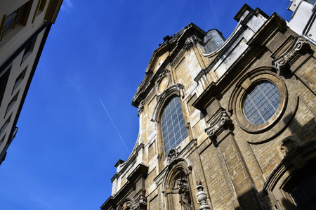 Brussels, Belgium - April 2015:  Close-up details on facade of the Church of Our Lady of Assistance (Notre-Dame de Bon Secours), a catholic parish church built in 17th century in mixed Baroque and Flemish-Italian architectural style, located in city centrのeditorial素材