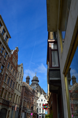 Brussels, Belgium - April 2015: Preserved old European-style residential and commercial buildings on streets of Brussels City, Belgiumのeditorial素材