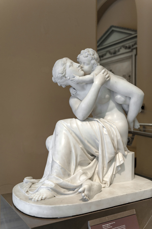 London, UK â April 2018: Marble sculpture titled Maternal Affection by Edward Hodges Baily exhibited at the Dorothy and Michael Hintze Galleries in Victoria and Albert Museumのeditorial素材