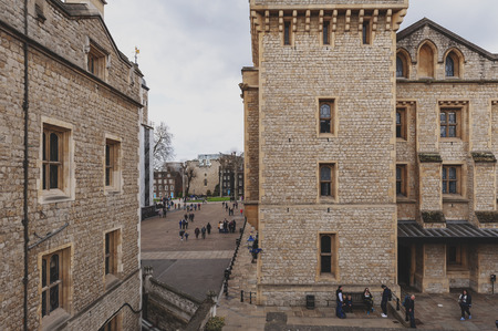 London, UK - April 2018: Waterloo Block building, venue for the Crown Jewels Exhibition, located in the inner ward area of Tower of London, a historic castle and popular tourist attraction by the River Thames in central London, Englandのeditorial素材