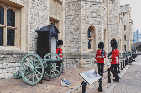 London, UK - April 2018: The sentry of the Jewel House at Waterloo Block building, venue for the...