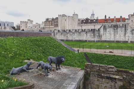 London, UK - April 2018: Wire animal sculptures of three Barbary lions by Kendra Haste installed at the Tower of London, a historic castle and popular tourist attraction located on the north bank of the River Thames in central London, Englandのeditorial素材