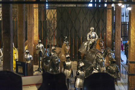 London, UK - April 2018: Collections of the Royal Armouries including historic arms and armours of previous kings of England exhibited inside the White Tower building at the Tower of London, royal palace and castle by the River Thames in London, Englandのeditorial素材