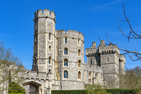 Windsor, UK - April 2018: Edward III Tower at the main entrance to Windsor Castle, a royal residence palace and major tourist attraction at Windsor in county of Berkshire, England, UKのeditorial素材