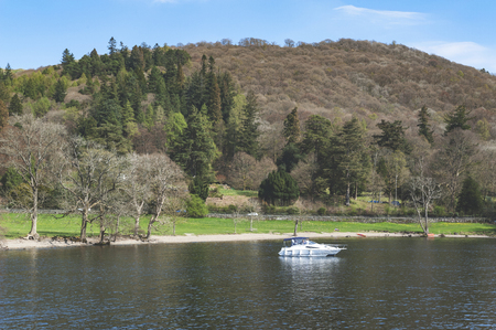South Lakeland, UK - April 2018: Scenic lake cruise by a motorboat on Lake Windermere in Lake District National Park, North West England, UKのeditorial素材