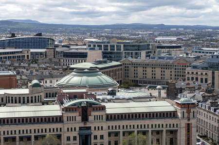 Edinburgh, Scotland - April 2018: Cityscape of old town Edinburgh from Usher Hall and Traverse Theatre towards Sheraton Grand Hotel and Spa, Edinburghのeditorial素材
