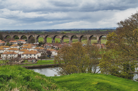 Royal Border Bridge, the railway viaduct across the River Tweed between Berwick-upon-Tweed and Tweedmouth in Northumberland, England, UKの写真素材