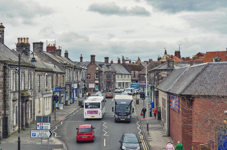Berwick-upon-Tweed, England - April 2018: High Street in town center of Berwick-upon-Tweed, northernmost town in Northumberland at the mouth of River Tweed in England, UKのeditorial素材