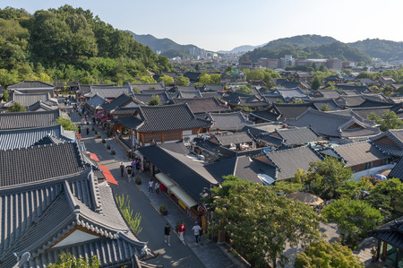 Jeonju, South Korea - September 2018: View of Jeonju Hanok Village, popular tourist attraction with Korean traditional houses designated as an International Slow City in 2010のeditorial素材