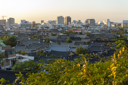 Jeonju, South Korea - September 2018: View of Jeonju Hanok Village, popular tourist attraction with Korean traditional houses designated as an International Slow City in 2010のeditorial素材