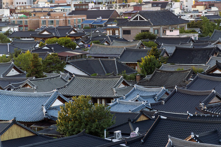 Jeonju, South Korea - September 2018: View of Jeonju Hanok Village, popular tourist attraction with Korean traditional houses designated as an International Slow City in 2010のeditorial素材
