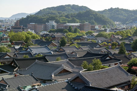 Jeonju, South Korea - September 2018: View of Jeonju Hanok Village, popular tourist attraction with Korean traditional houses designated as an International Slow City in 2010のeditorial素材