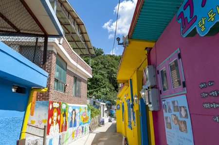 Jeonju, South Korea - September 2018: Colourful paintings and decorations on walls and buildings at Jaman Mural Village, popular tourist attraction, located near Jeonju Hanok Village in Jeonju, South Koreaのeditorial素材