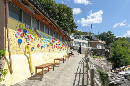 Jeonju, South Korea - September 2018: Colourful paintings and decorations on walls and buildings at Jaman Mural Village, popular tourist attraction, located near Jeonju Hanok Village in Jeonju, South Koreaのeditorial素材