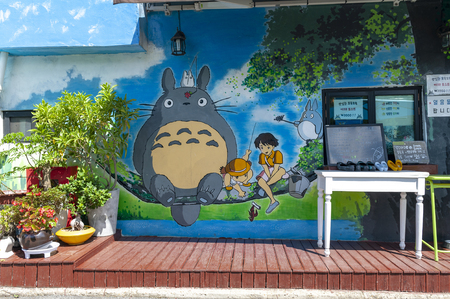 Jeonju, South Korea - September 2018: Colourful paintings and decorations on walls and buildings at Jaman Mural Village, popular tourist attraction, located near Jeonju Hanok Village in Jeonju, South Koreaのeditorial素材