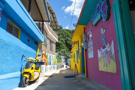 Jeonju, South Korea - September 2018: Colourful paintings and decorations on walls and buildings at Jaman Mural Village, popular tourist attraction, located near Jeonju Hanok Village in Jeonju, South Koreaのeditorial素材